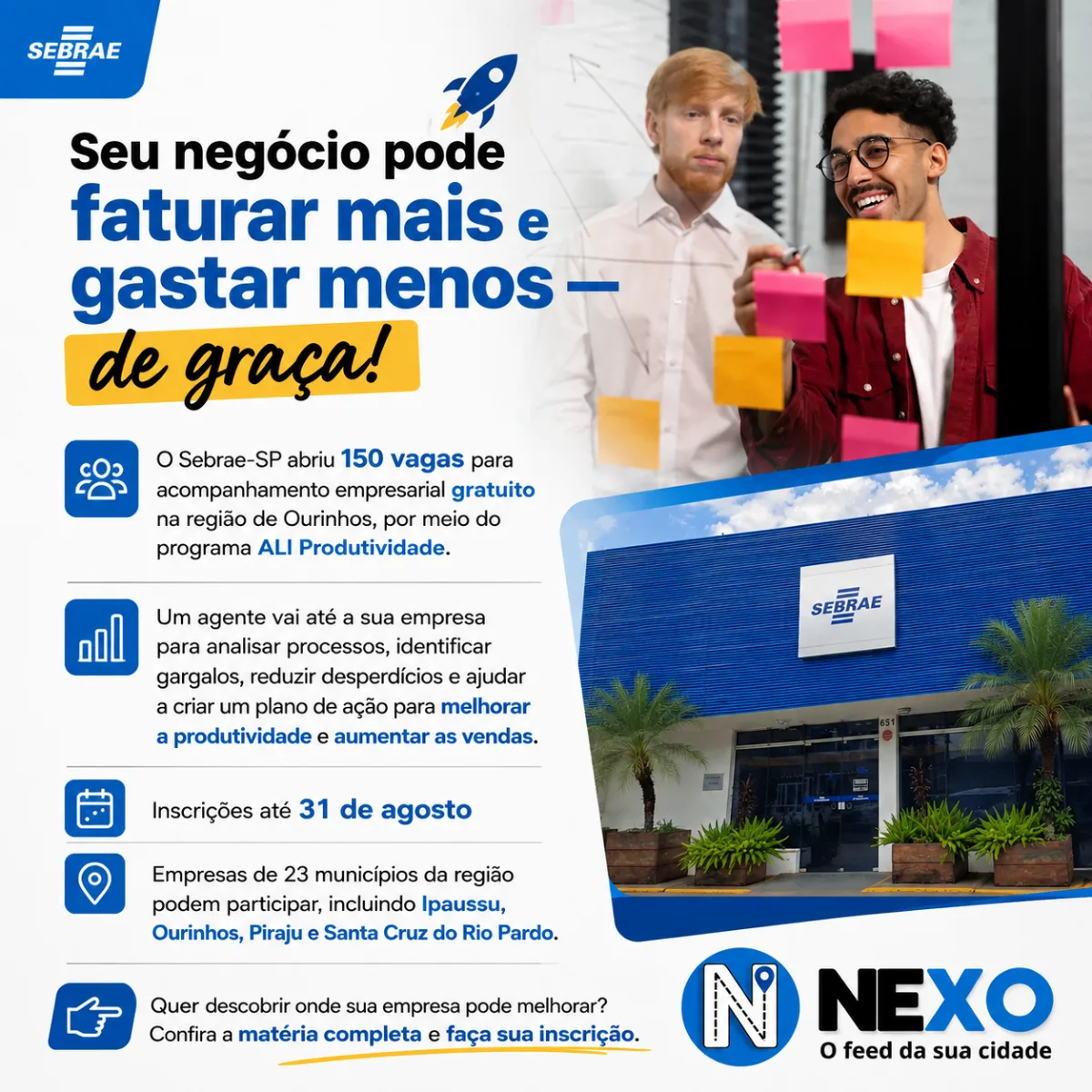 Sebrae-SP oferece 150 vagas para acompanhamento empresarial gratuito com foco em produtividade na região de Ourinhos