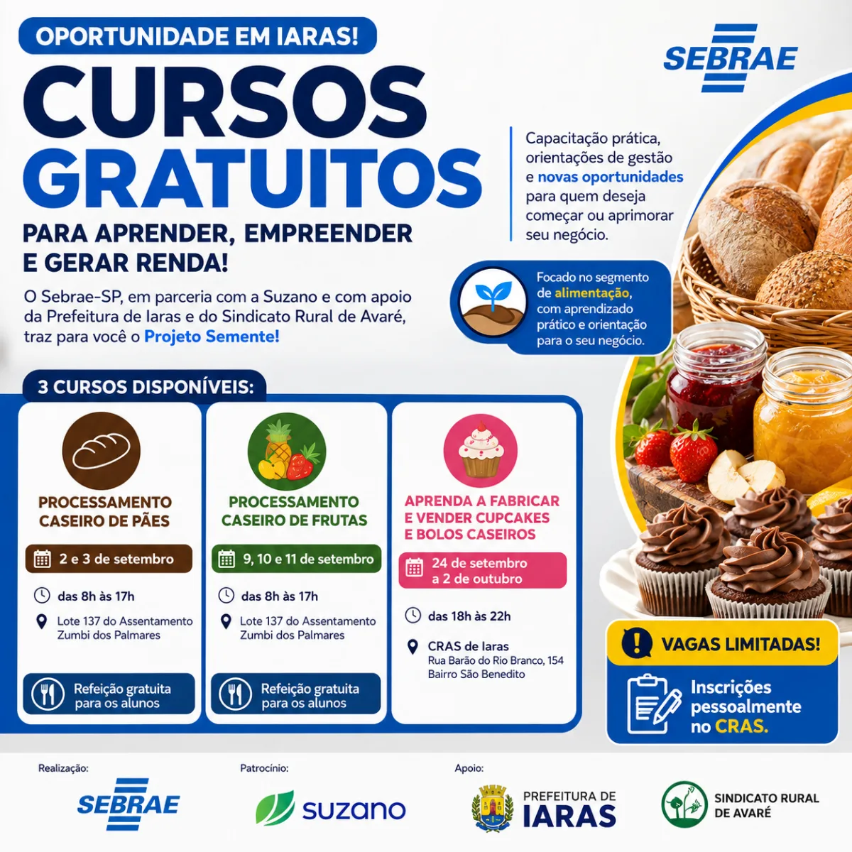 Iniciativa do Sebrae-SP abre inscrições para cursos gratuitos de panificação, doces e processamento de frutas em Iaras